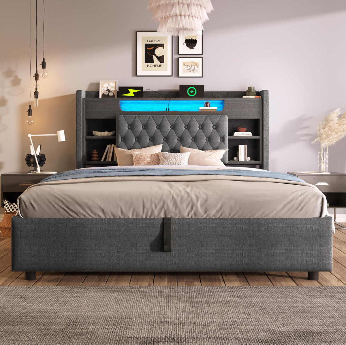 ČALOUNĚNÁ postel 140/200 cm s LED, USB-C, úložným prostorem a lněným čelem, Šedá - šedá, textil (140/200cm) - Redom