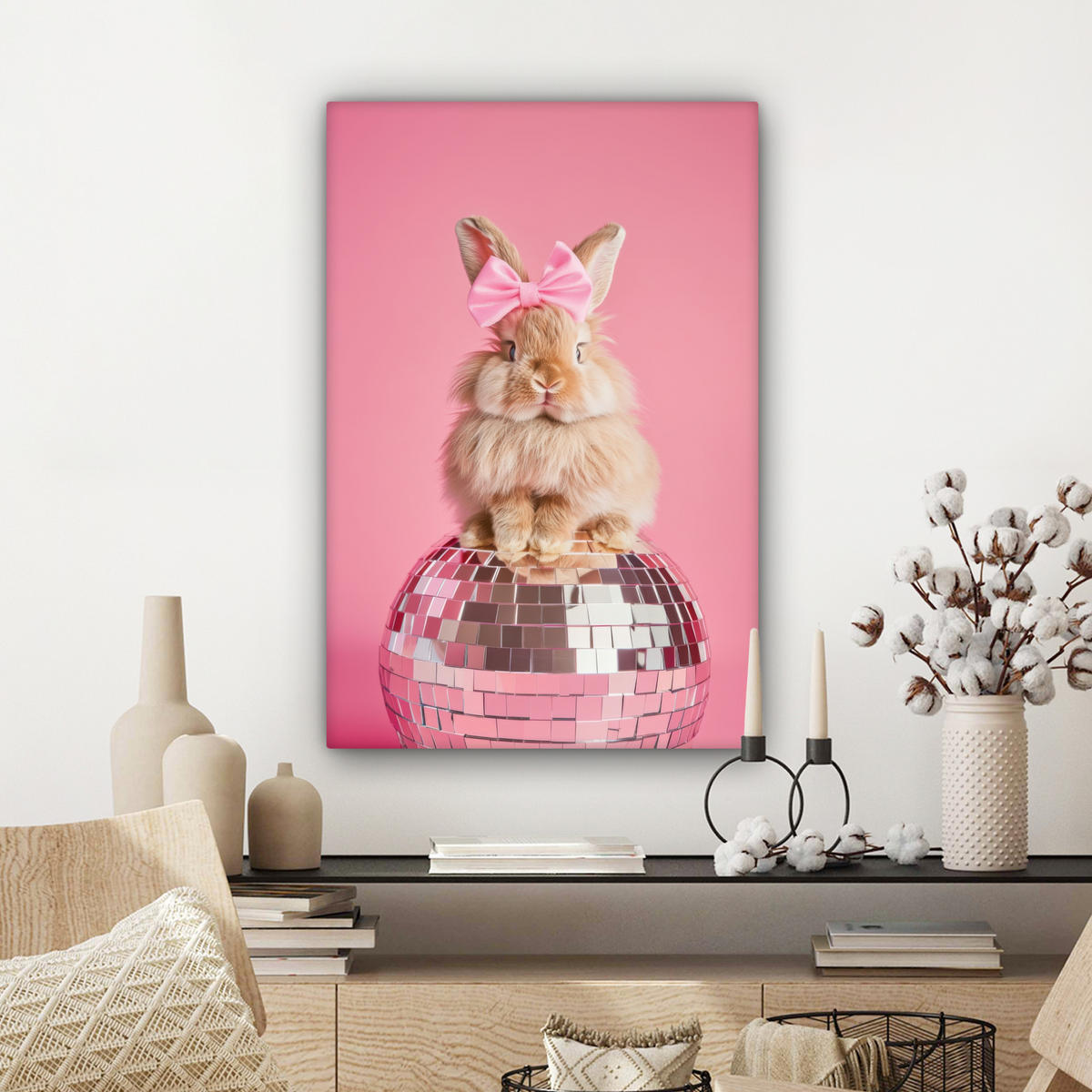 LEINWANDBILD Schleife - Discoball - Kaninchen Wanddeko 40x60 cm - Pink, Textil (40/60cm) - MuchoWow