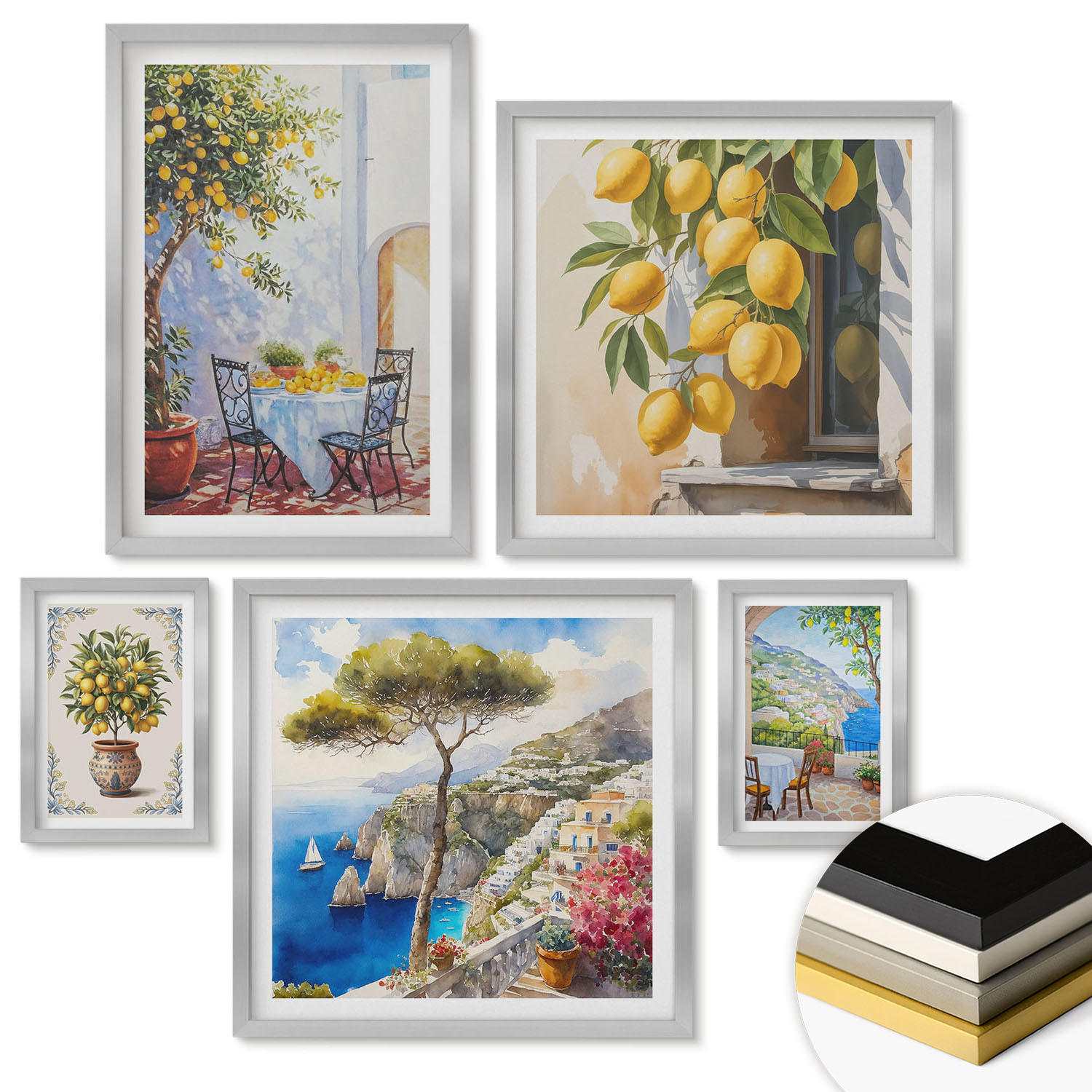 WANDBILDER 5er Set - 50x50 cm & 20x30 cm & 40x60 cm Silberner Rahmen - Abstrakte Kranichberge - Silberfarben, Kunststoff (40/60cm) - ArtPrintCave
