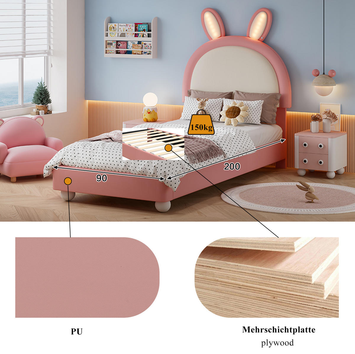 KINDERBETT 90/200 cm in Rosa/Weiß mit LED-Beleuchtung und Hasen-Kopfteil - Weiß, Kunststoff (90/200cm) - Flora Grace