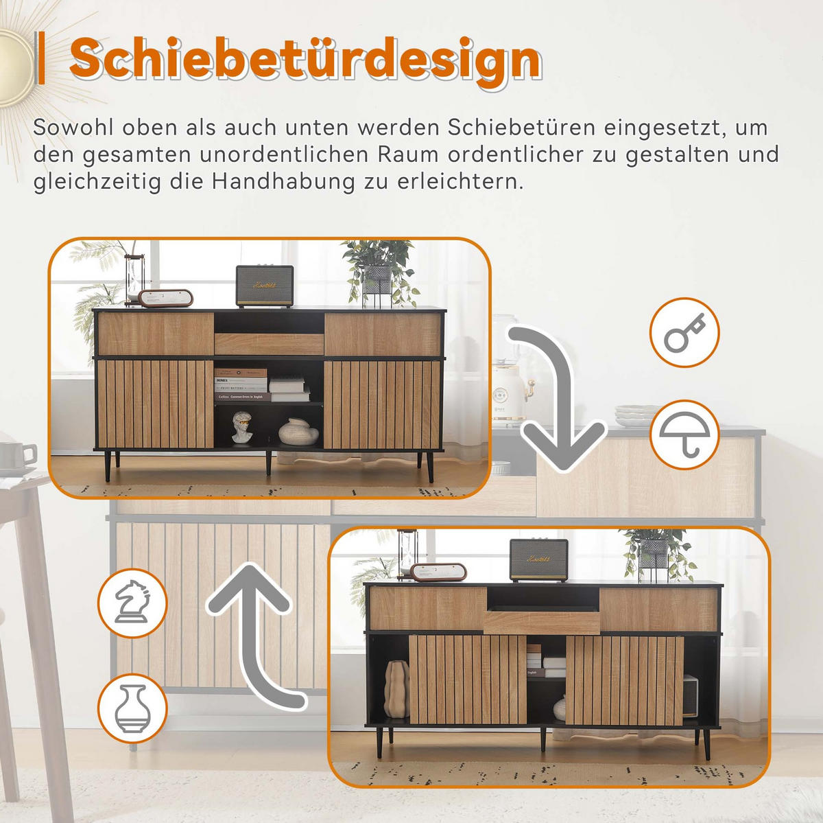 KOMMODE 160/80/40 cm Schwarz/Natur aus Spanplatte mit 4 Schiebetüren - Schwarz, Holzwerkstoff (40/80/160cm) - OKMYHOME