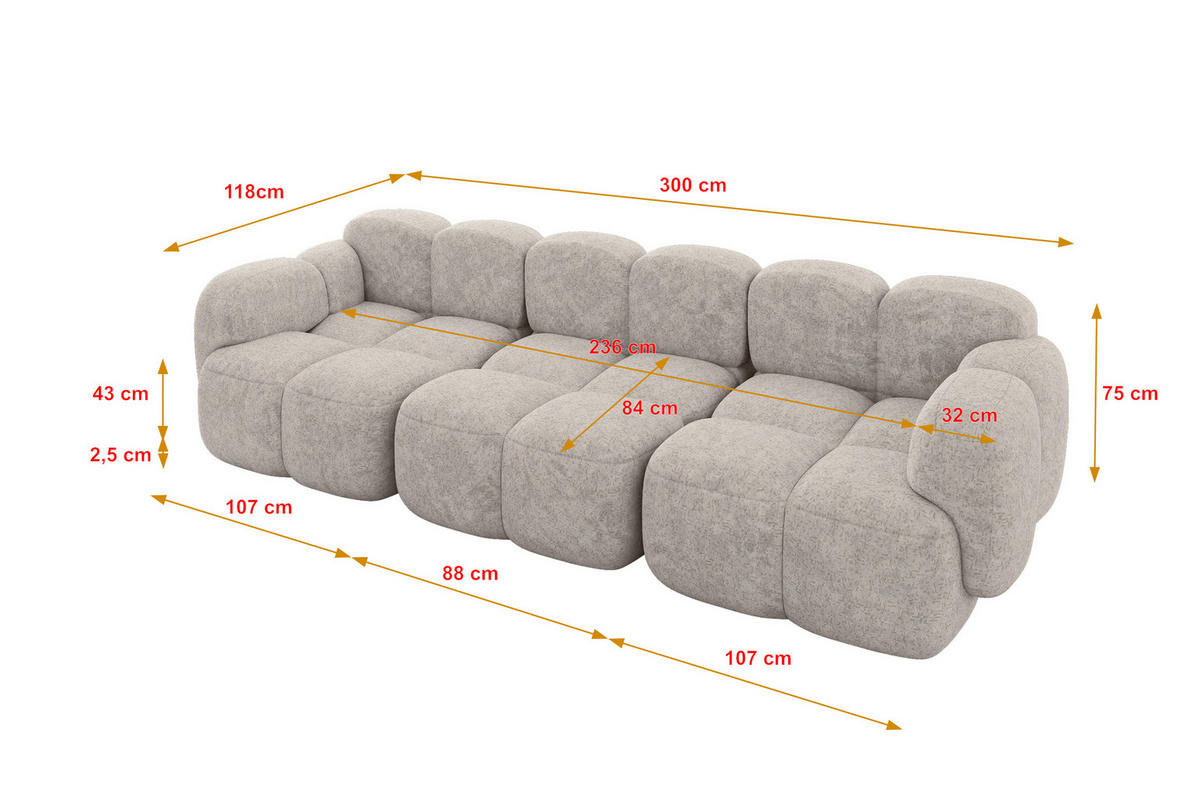 3-SITZER modulares Sofa Miko-S2 300x118x75 cm Hellgrau Velours - Hellgrau/Schwarz, Holzwerkstoff/Kunststoff (300/75/118cm) - ALTDECOR