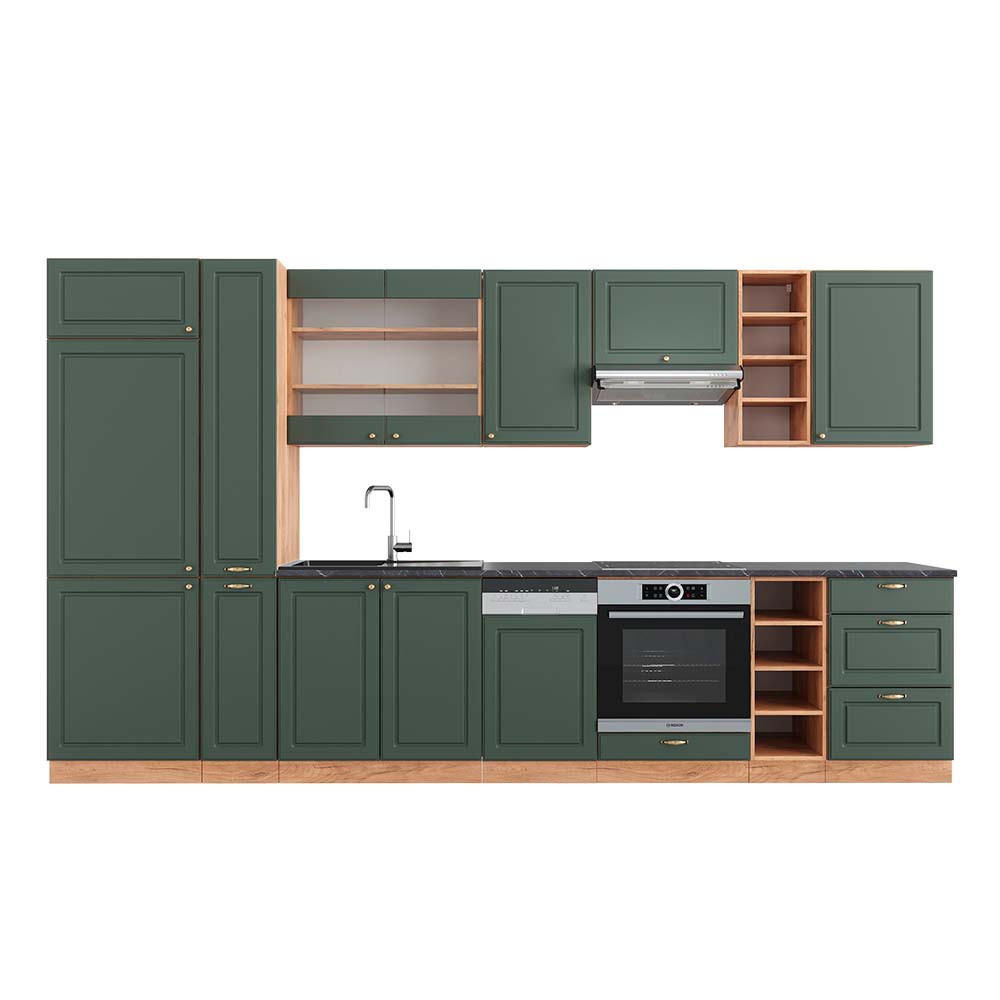 KÜCHENZEILE Fame-Line Grün-Gold Landhaus/Goldkraft Eiche 355 cm AP Anthrazit - Eiche Wotan/Grün, Holzwerkstoff (355/81.6/60cm) - Vicco