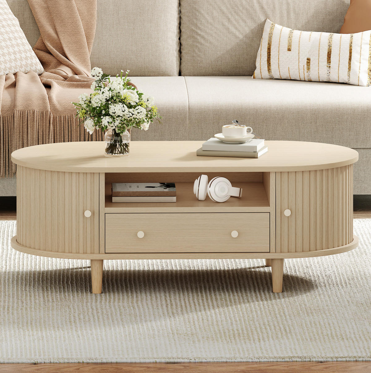 COUCHTISCH 100/50/36 cm mit Schublade, offener Ablage und Rolltür aus MDF, Eichefarben - Eichefarben, Holzwerkstoff (100/50/36cm) - Redom