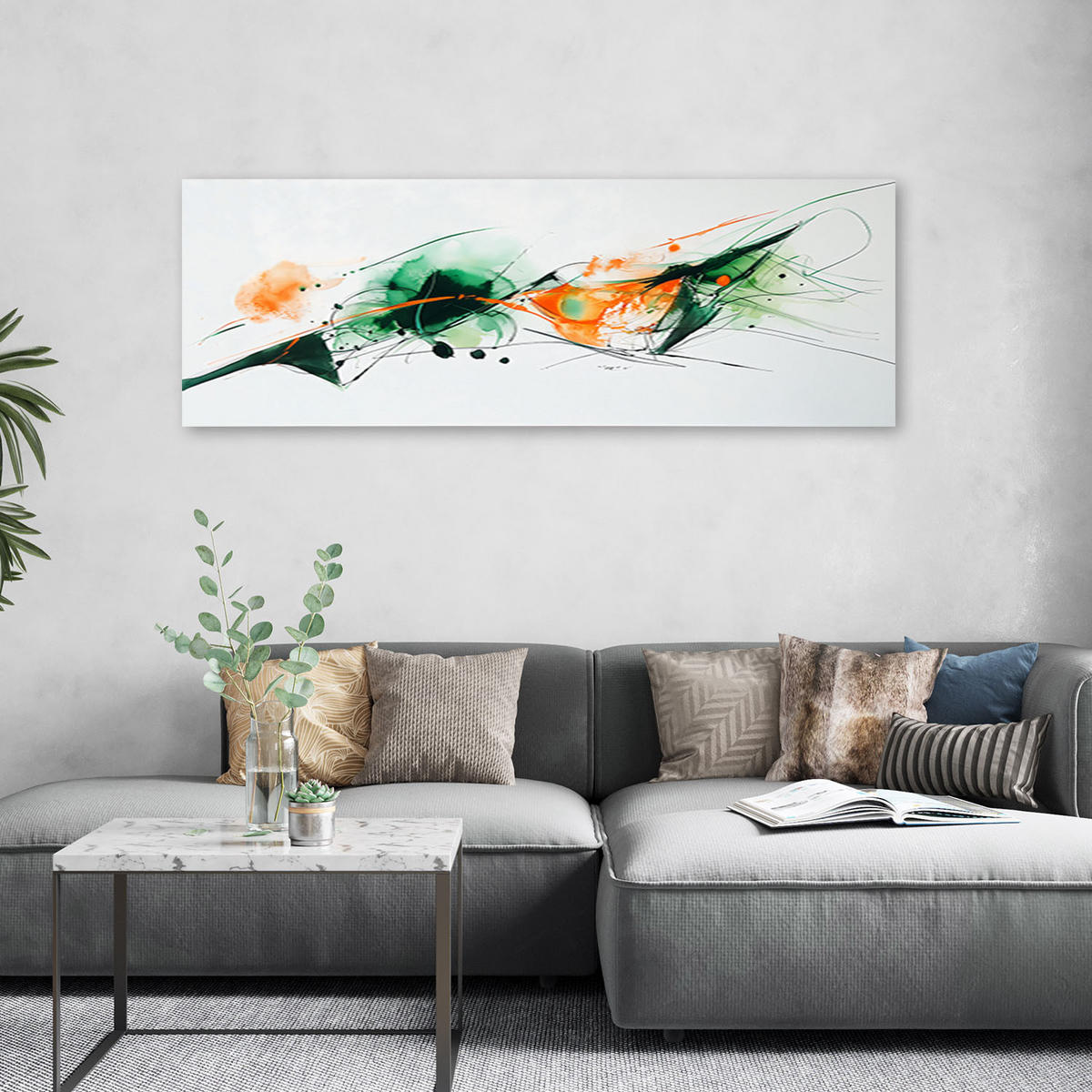 LEINWANDBILD Abstrakt Bunte Flecken Aquarell 150x50cm - Grün, Textil (150/50cm) - Feeby