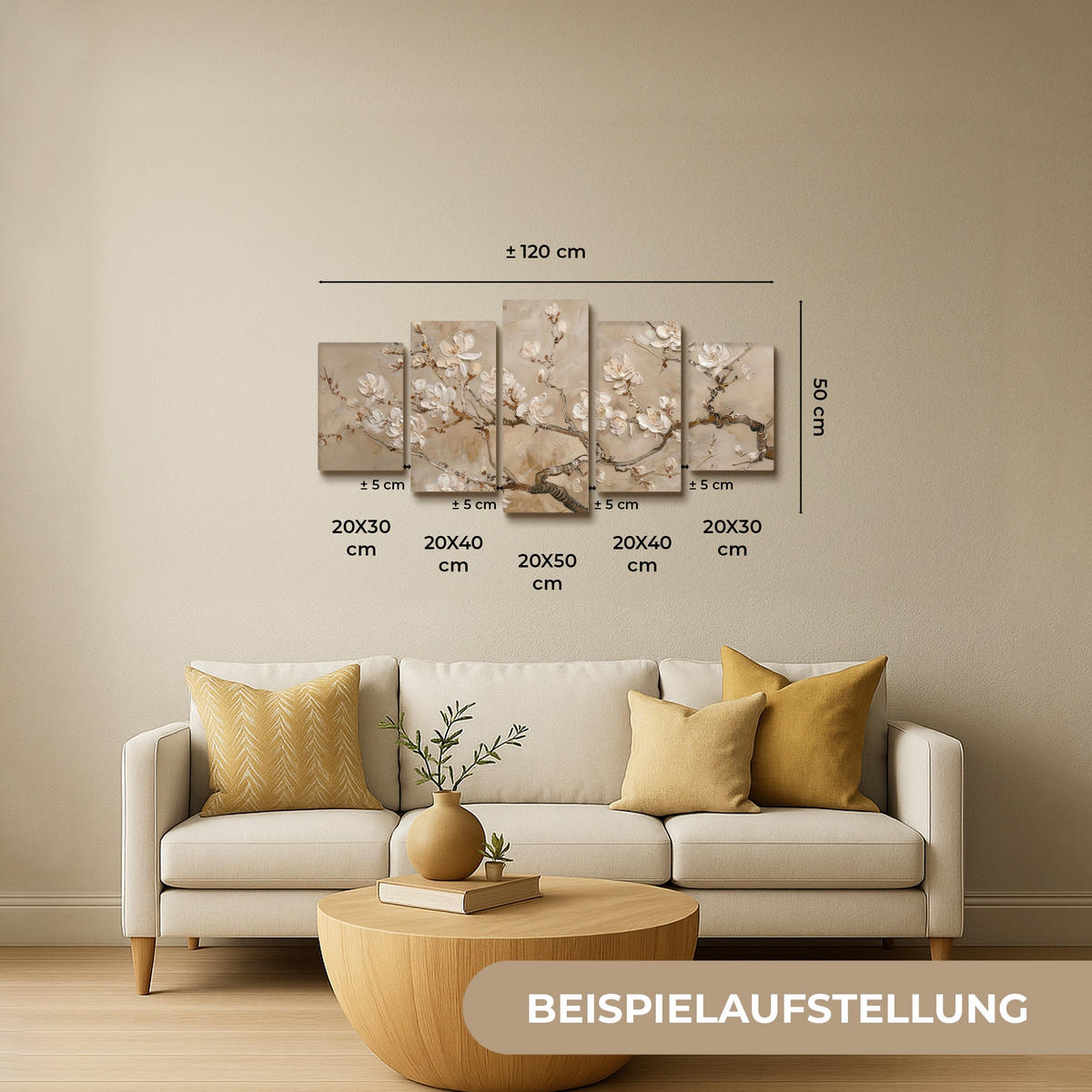 OBRAZ NA PLÁTNĚ 5dílná sada Béžová - Blossom - Moderní 100x50 cm - béžová, textil (100/50cm) - MuchoWow