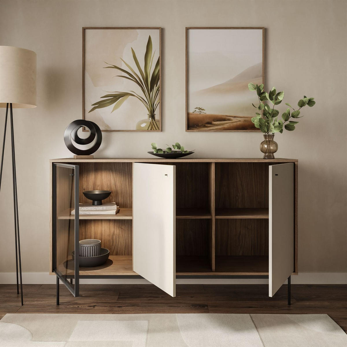 KOMMODE ISA 3D, dreitürig mit LED-Beleuchtung - Eichefarben, Holzwerkstoff (151/90/40cm) - Lookway