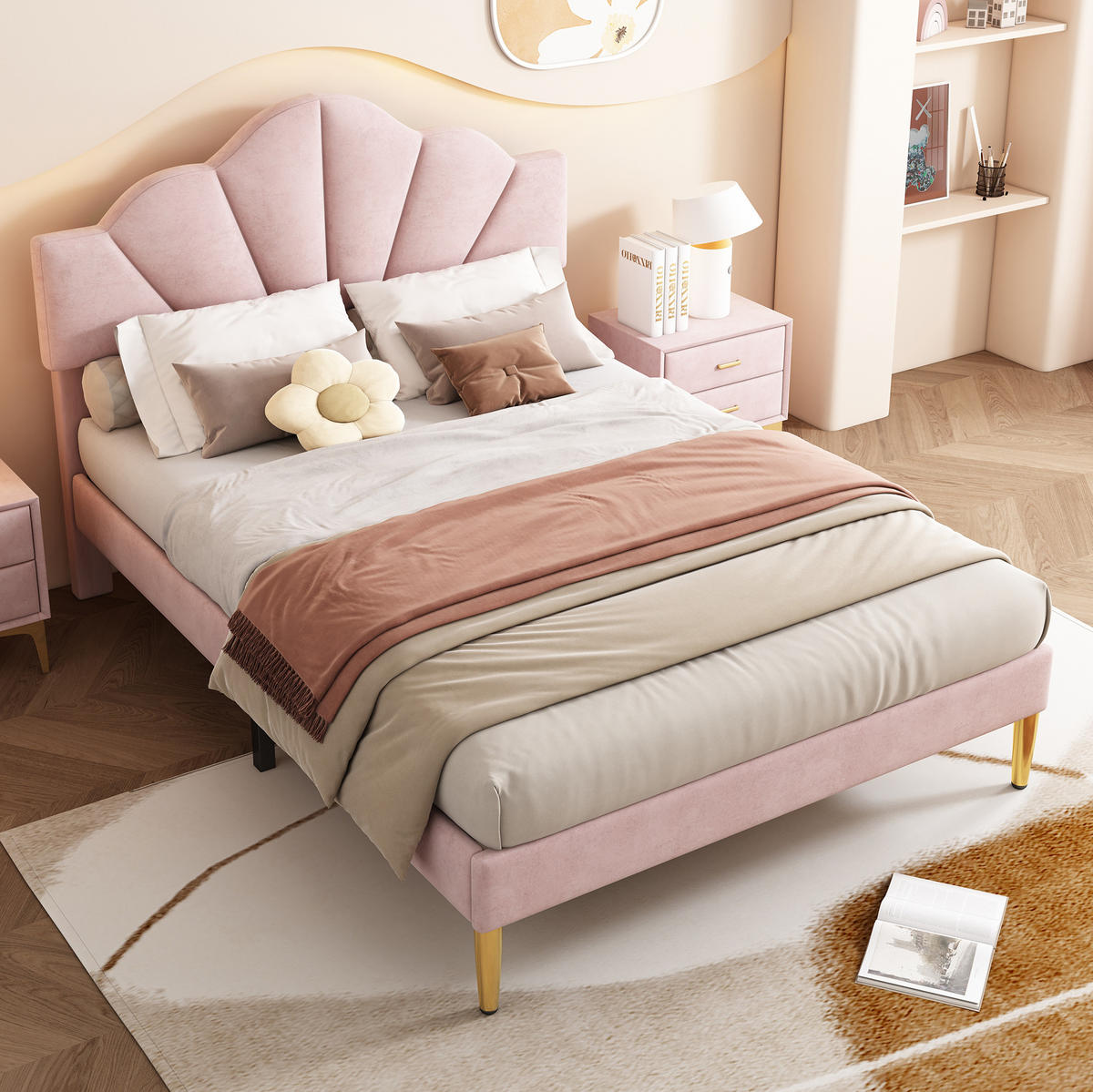 KINDERBETT 140/190 cm aus Samt in Rosa mit verstellbarem Kopfteil - Rosa, Textil (140/190cm) - Flora Grace