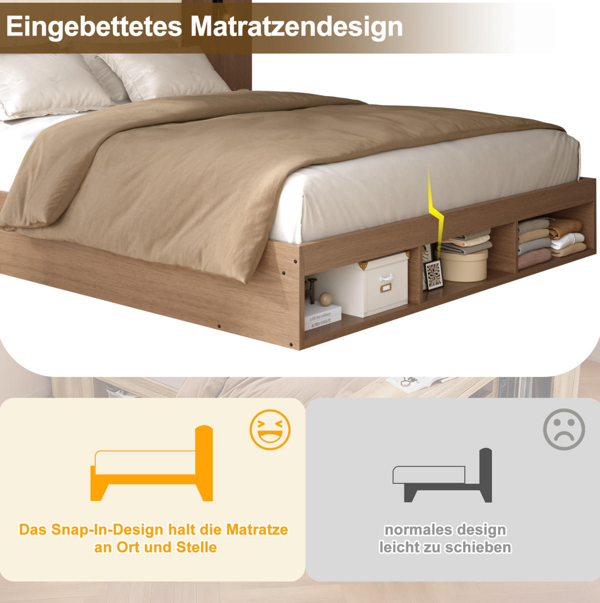 DOPPELBETT 180/200 cm aus MDF mit USB- und Type-C-Anschluss, Leselampen, 2 Nachttischen und Stauraum, Walnuss - Nussbaumfarben, Holzwerkstoff (180/200cm) - Redom