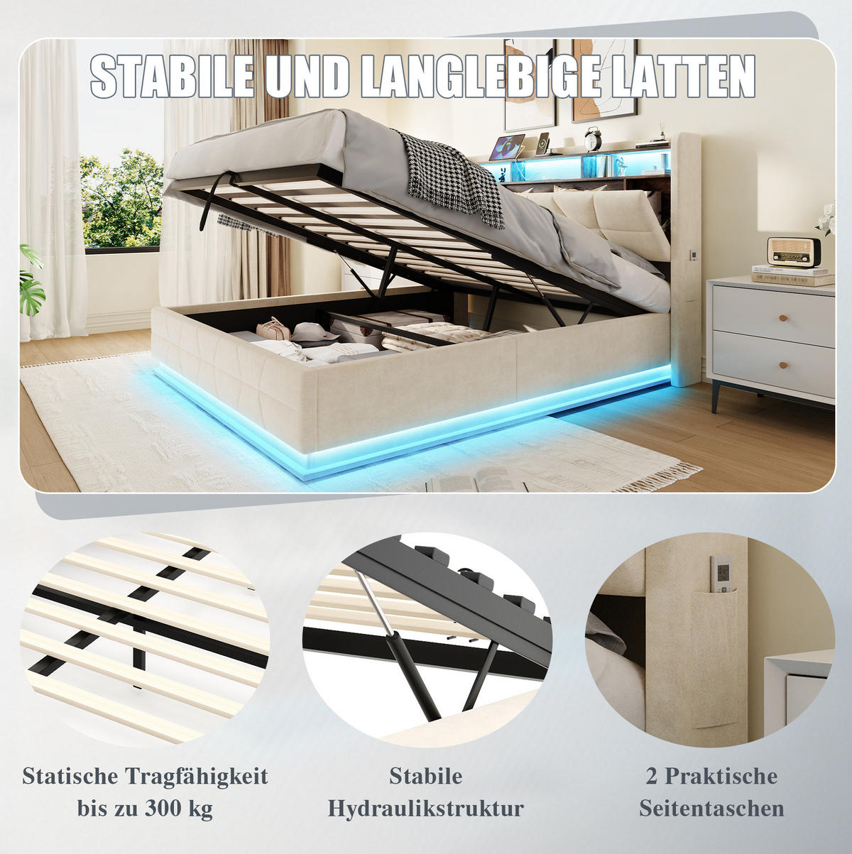 POLSTERBETT aus Velours 160 x 200 cm in Beige mit LED-Beleuchtung & USB/Type-C - Beige, Textil (160/200cm) - Modfu