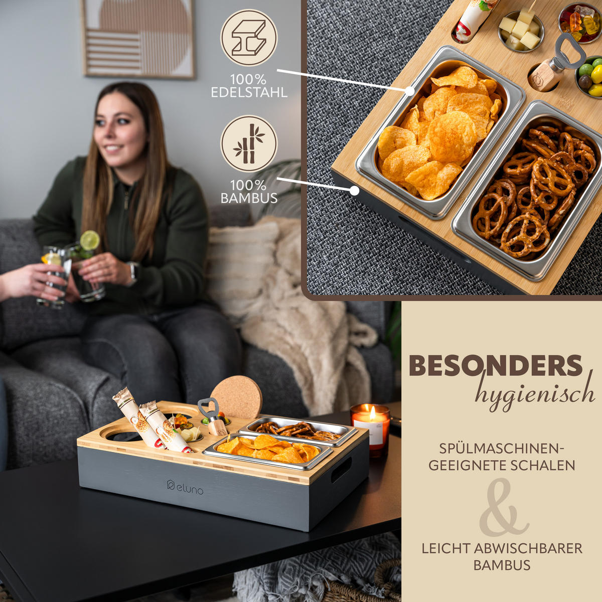 COUCHBAR mit abnehmbarem Deckel, Bambus, grau - Grau, Holz (26/8/40cm) - eluno