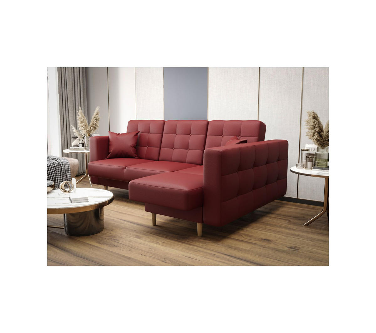 ECKSOFA KONGO RBN12, Eckcouch in L-Form mit Schlaffunktion, Farbe: Rot, Kunstleder, Ottomane Rechts - Rot, Textil (225/158cm) - O-Sofa