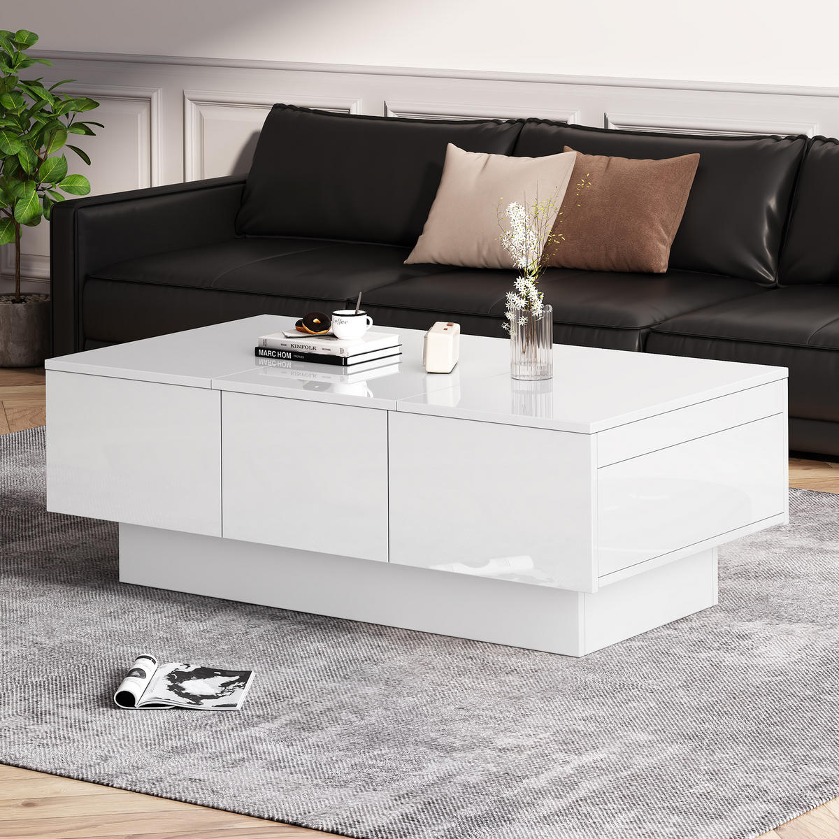 COUCHTISCH Weiß Hochglanz mit Stauraum und Schubladen - Weiß, Holzwerkstoff/Metall (55/100/35cm) - Urban Meuble