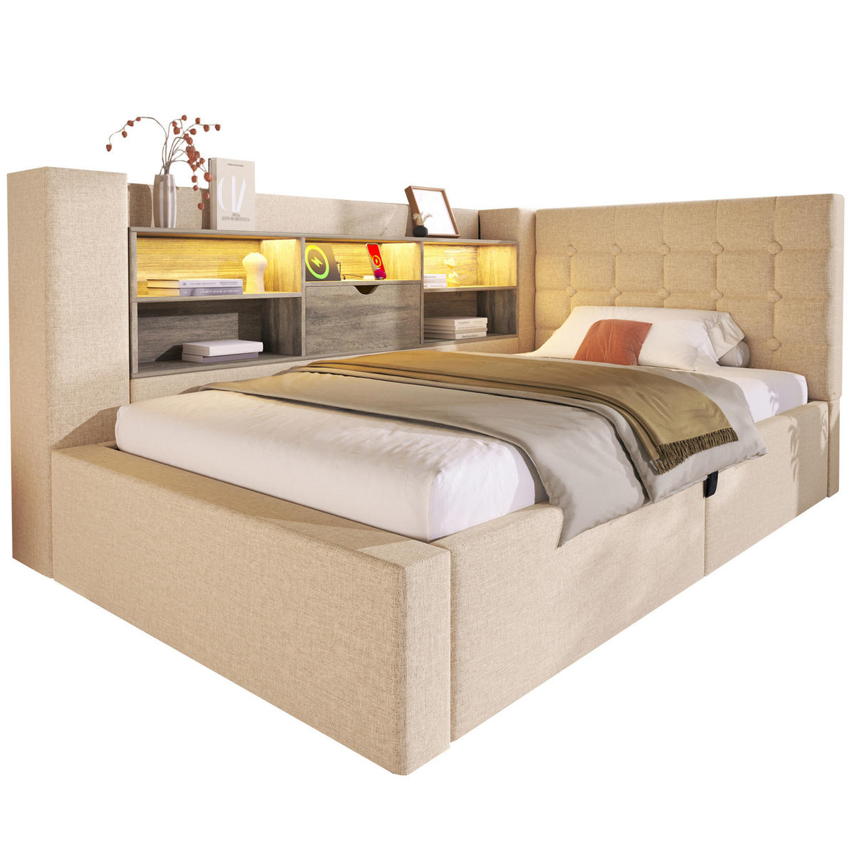 POLSTERBETT mit Stauraum 90x200 cm Leinen Beige inkl. Matratze - Beige, Metall (90/200cm) - Meubliv