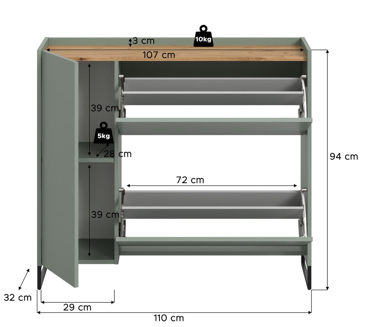 SCHUHKIPPER Salbei grün, Artisan Eiche 110 x 94 cm, Schuhschrank mit Soft-Close - Salbeigrün/Schwarz, Holzwerkstoff/Metall (110/94/32cm) - Inn.Furn