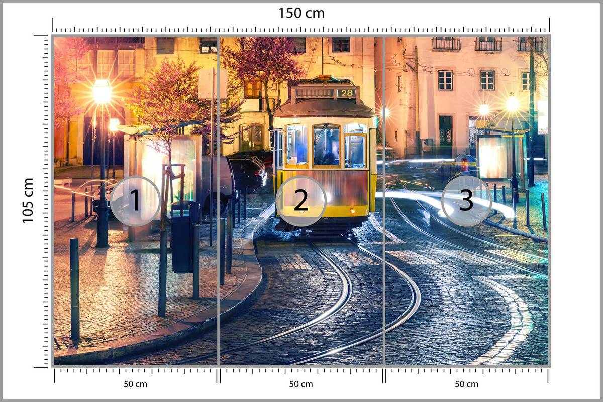 FOTOTAPETE für Wohnzimmer Lissabon Straßenbahn Nacht Altstadt 150x105 - Gelb/Beige, Papier (150/105cm) - Muralo