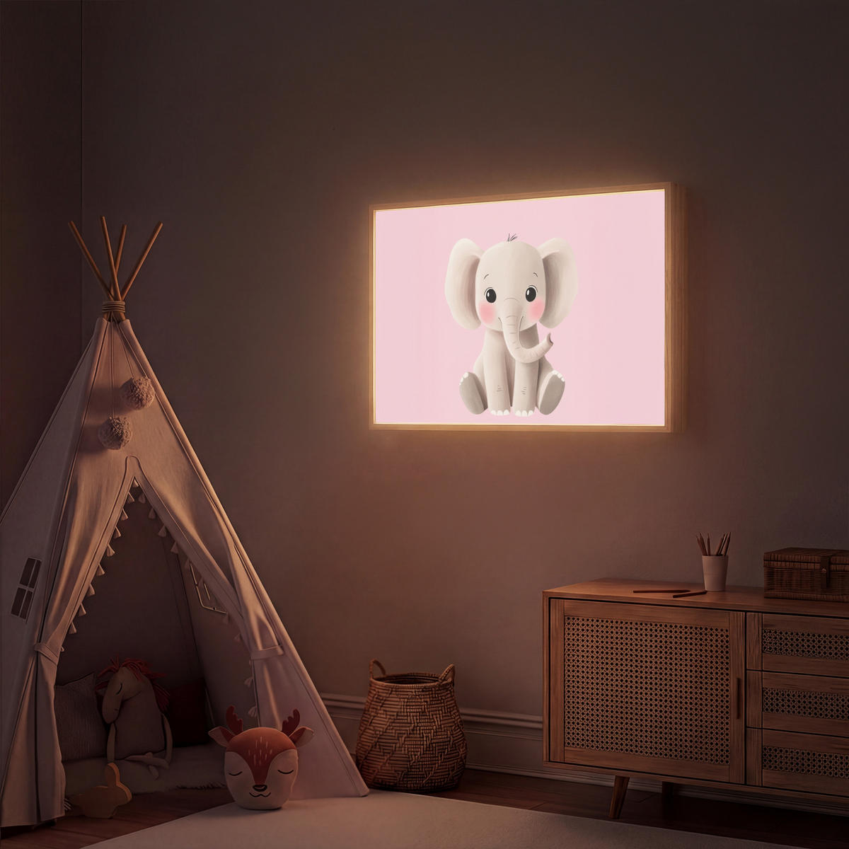 DOBÍJECÍ NOČNÍ LAMPIČKA Slon - Dítě - Růžová - Kreslený film 100x70 cm - růžová, kompozitní dřevo (8/100/70cm) - OnlyWow