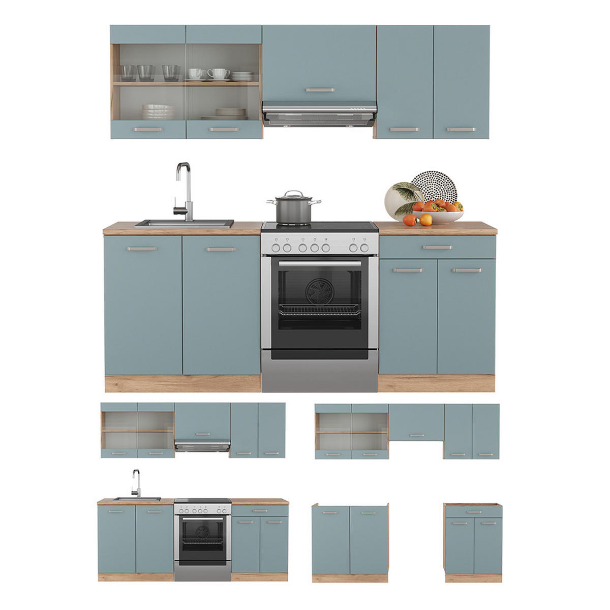 KÜCHE R-Line Blau-Grau/Goldkraft Eiche 200 cm ohne AP - Honigeiche/Blaugrau, Holzwerkstoff (200/81.6/46cm) - Vicco