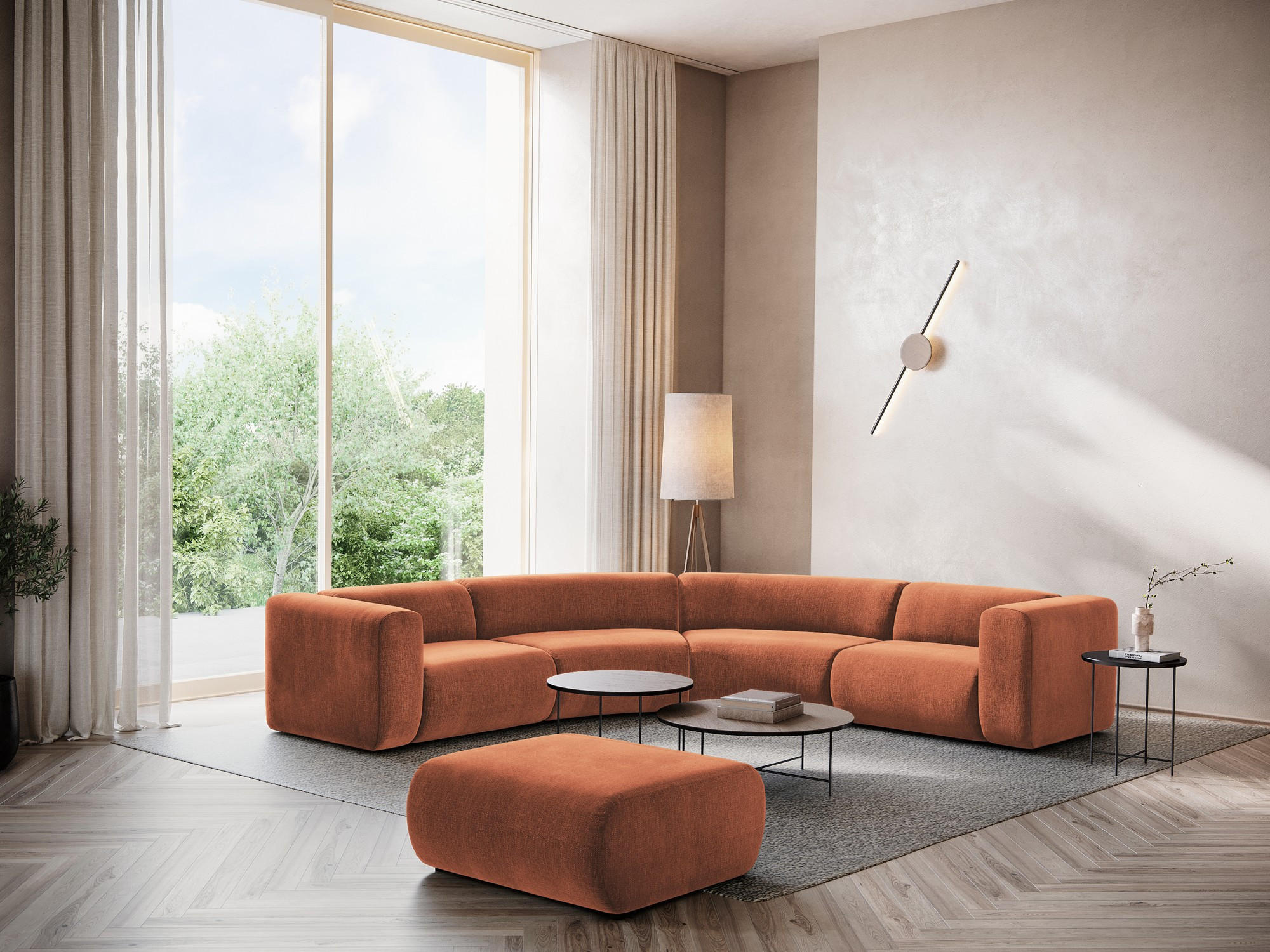 POUF Chenille Stoff Orange - Terra cotta/Schwarz, Kunststoff/Textil (94/40/89cm) - Makamii