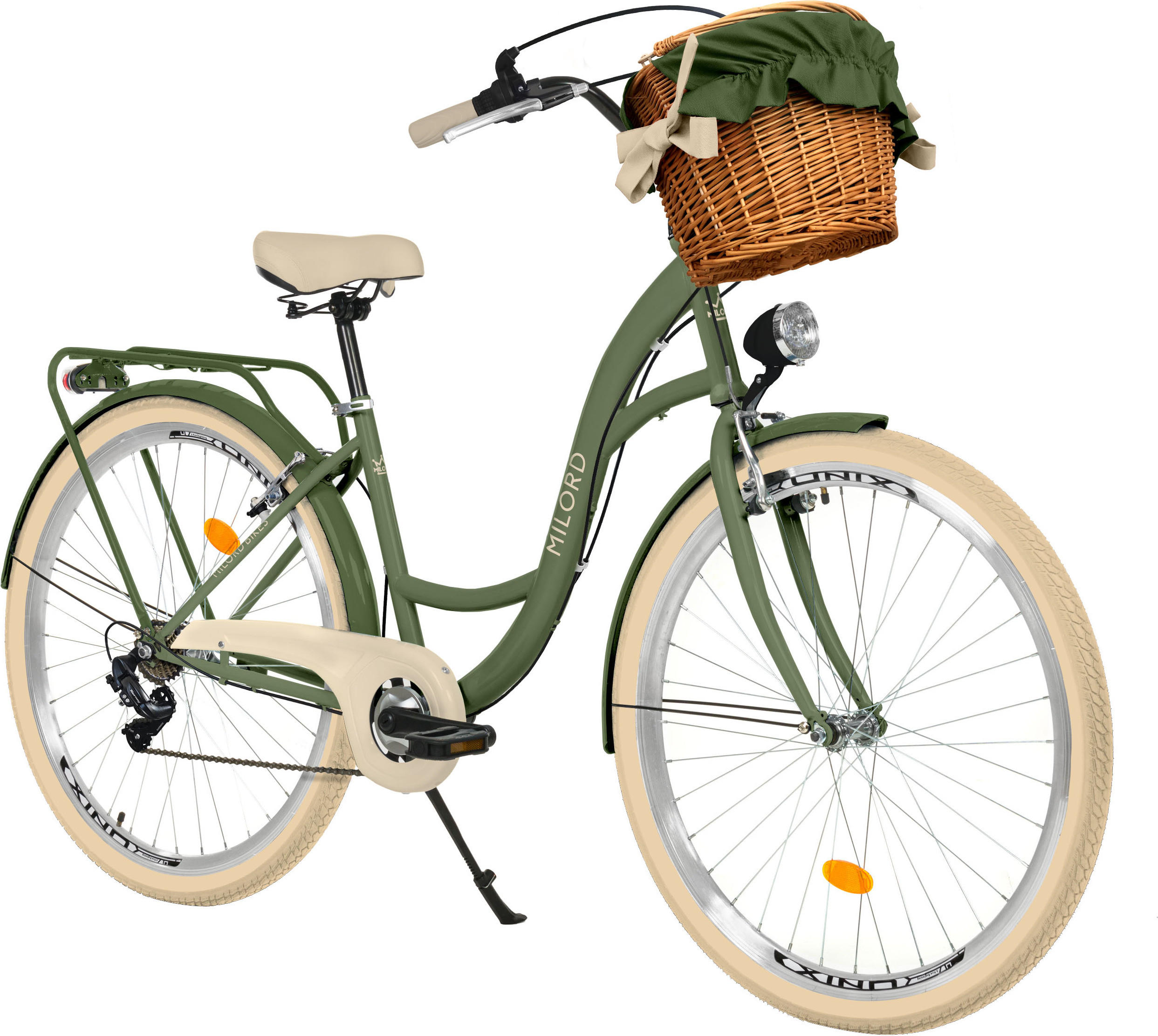 CITY-FAHRRAD Milord mit Weidenkorb, 28 Zoll, Khaki, 7-Gang - Grün, Metall (46cm) - Milordbikes