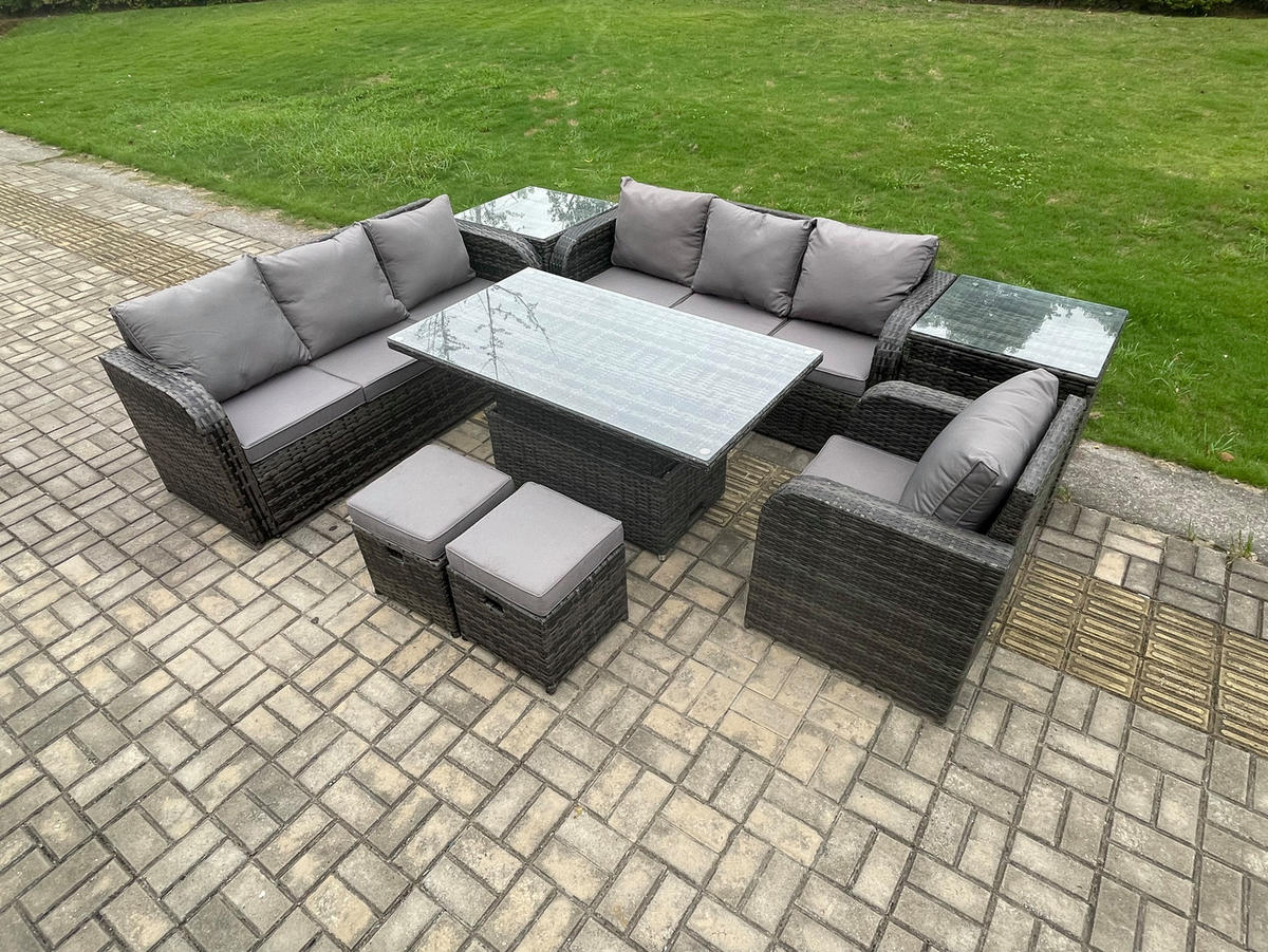 GARTENMÖBELSET mit 2 Hocker Höhenverstellbarer Esstisch 9-Sitzer Grau - Dunkelgrau/Grau, Glas/Kunststoff - Fimous