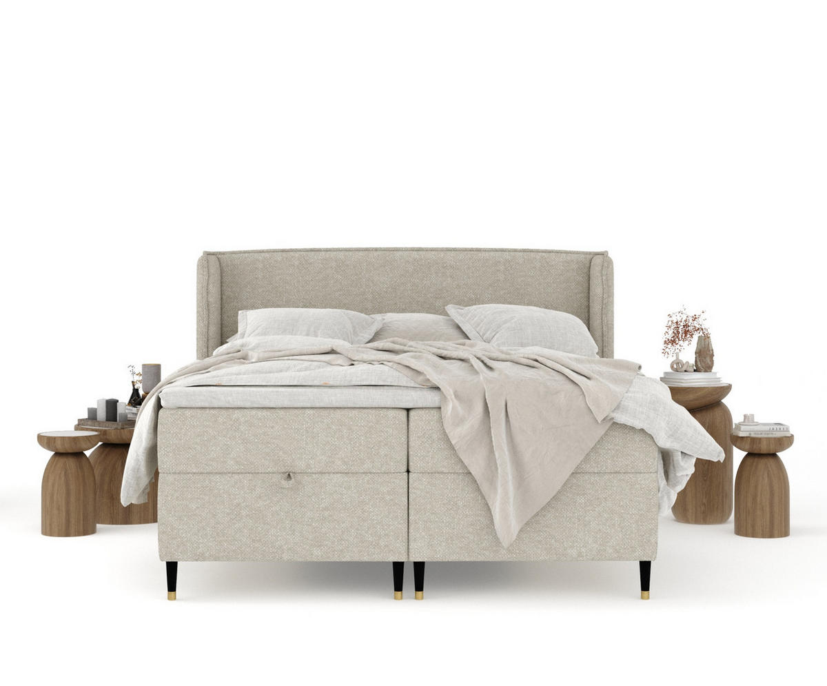 BOXBETT Monpelli Beige Grau 180/200 cm mit Matratze und Topper - Beige/Schwarz, Holz/Holzwerkstoff (180/200cm) - Maison de Reve