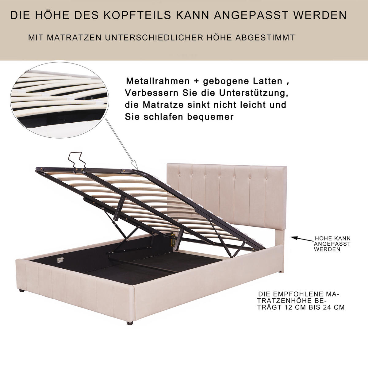 POLSTER-DOPPELBETT 140x200cm, Stauraum, Kopfteil höhenverstellbar, Samt, Dunkelbeige - Beige, Textil (140/200cm)