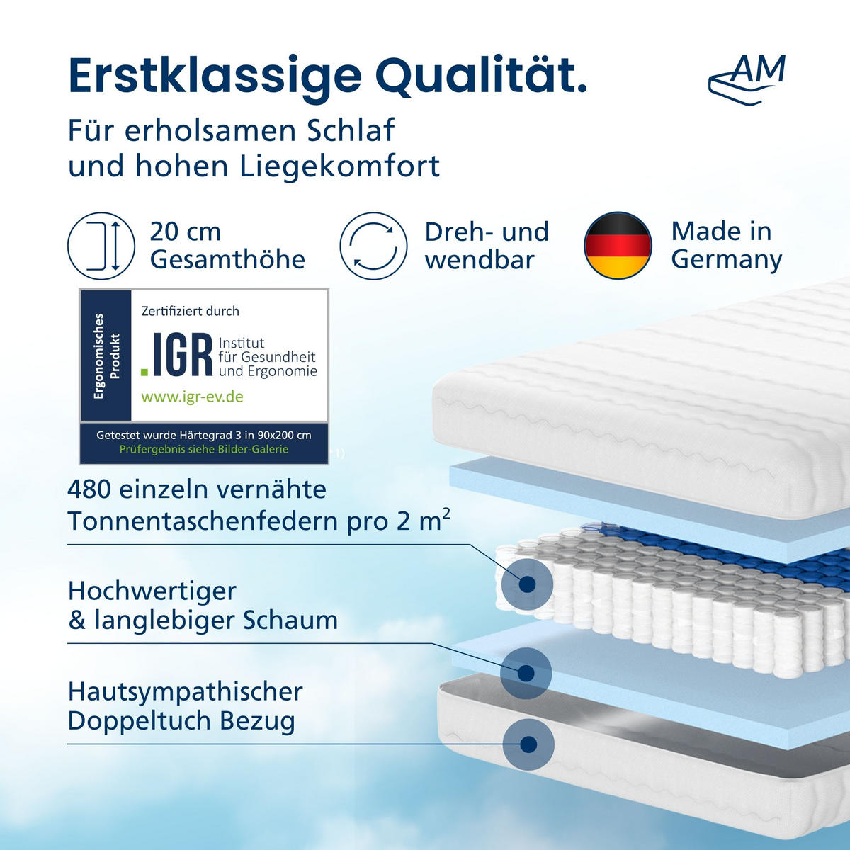 TASCHENFEDERKERNMATRATZE 140/200 cm H3 - 20cm Höhe & Toledo Bezug - Weiß, Textil (140/200cm) - AM Qualitätsmatratzen