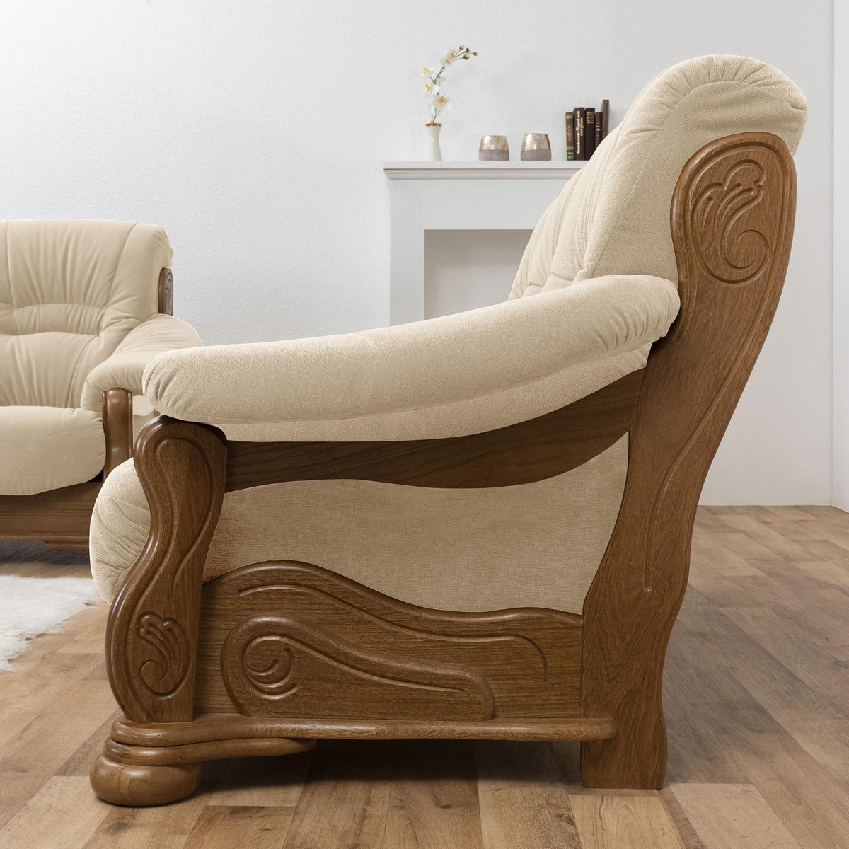 HOCKER Katlin Bezug Flockstoff Eiche rustikal P43 / sand - Sandfarben, Leder (53/45/53cm) - 58aufmkessel