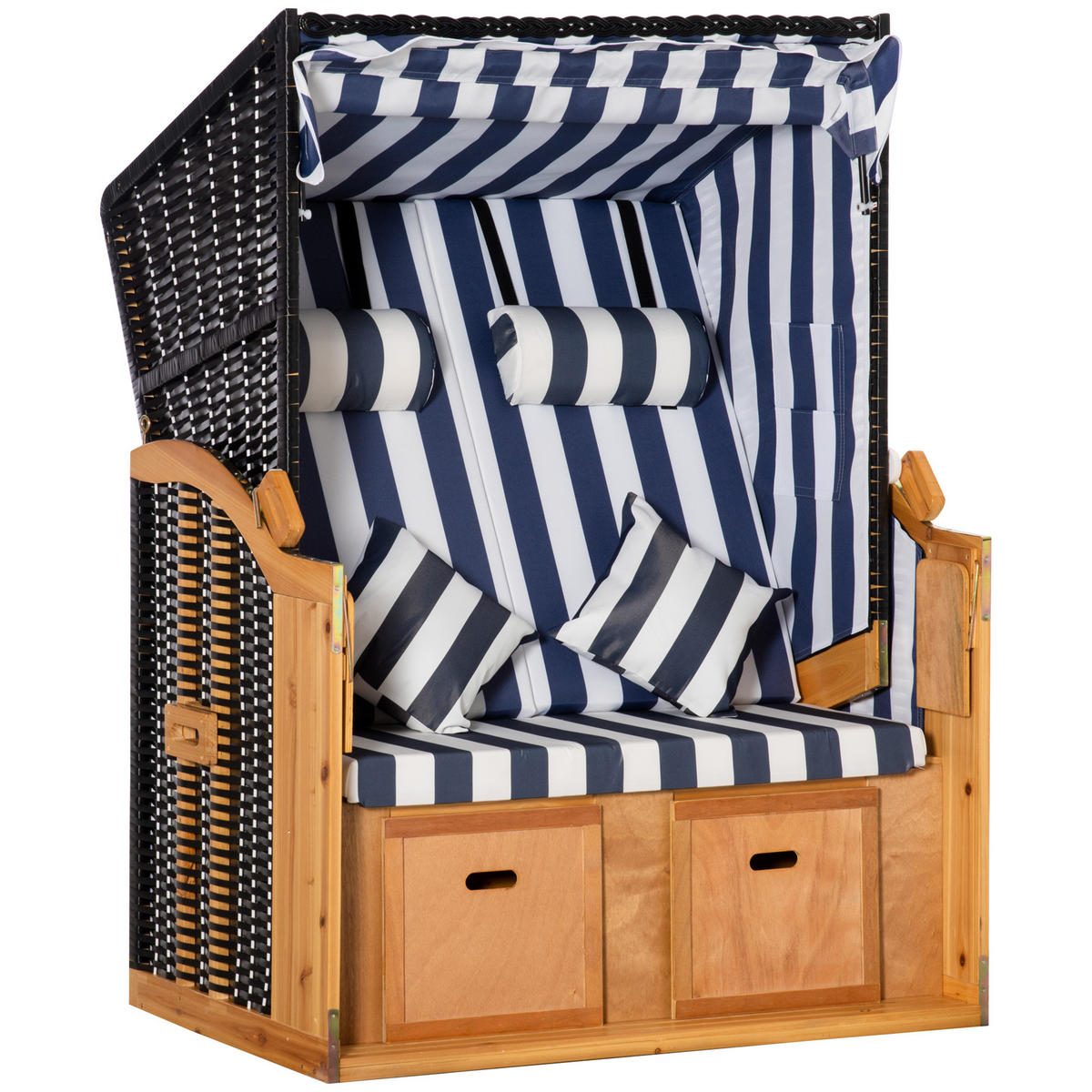 STRANDKORB DE-06791 doppelt mit Dach & Klapptisch Blau - Blau/Weiß, Holz/Kunststoff (118/160/79cm) - ComfortXL
