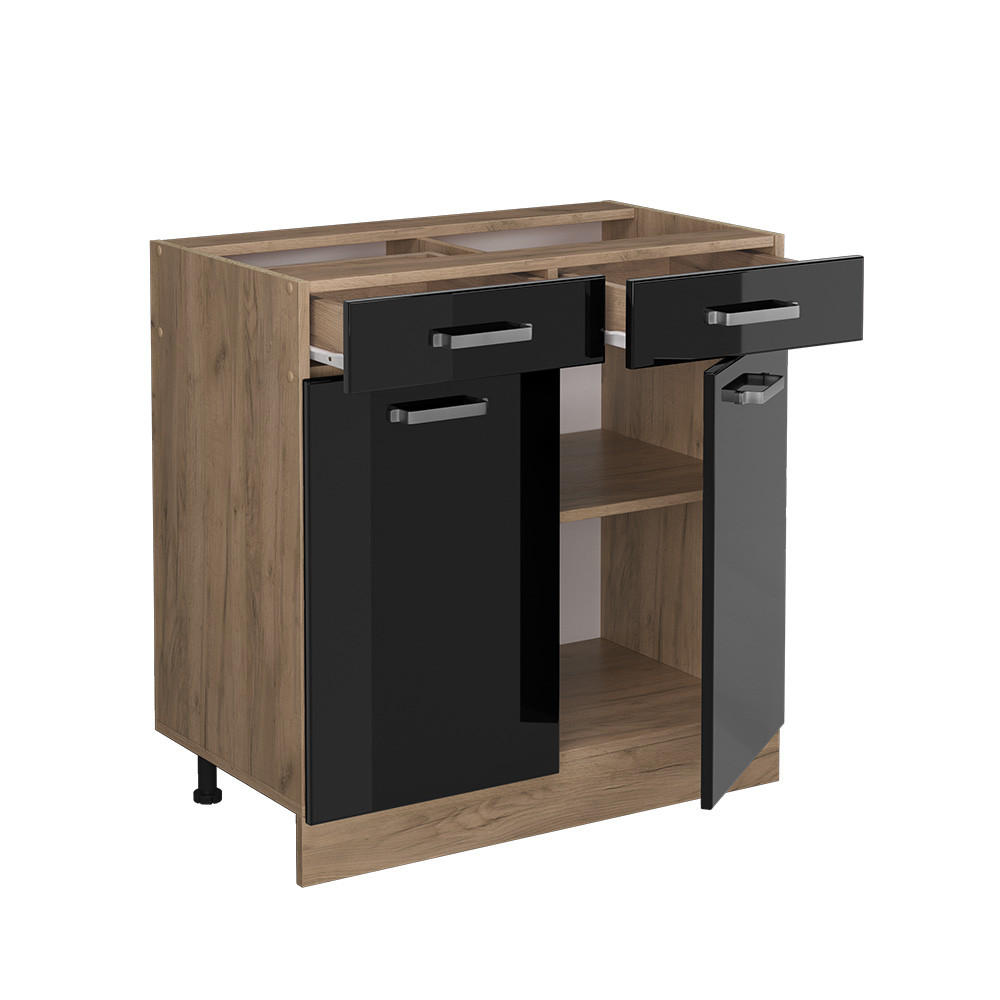 KÜCHENUNTERSCHRANK R-Line Schwarz Hochglanz 80 cm ohne AP - Honigeiche/Schwarz Hochglanz, Holzwerkstoff (80/81.6/46cm) - Vicco