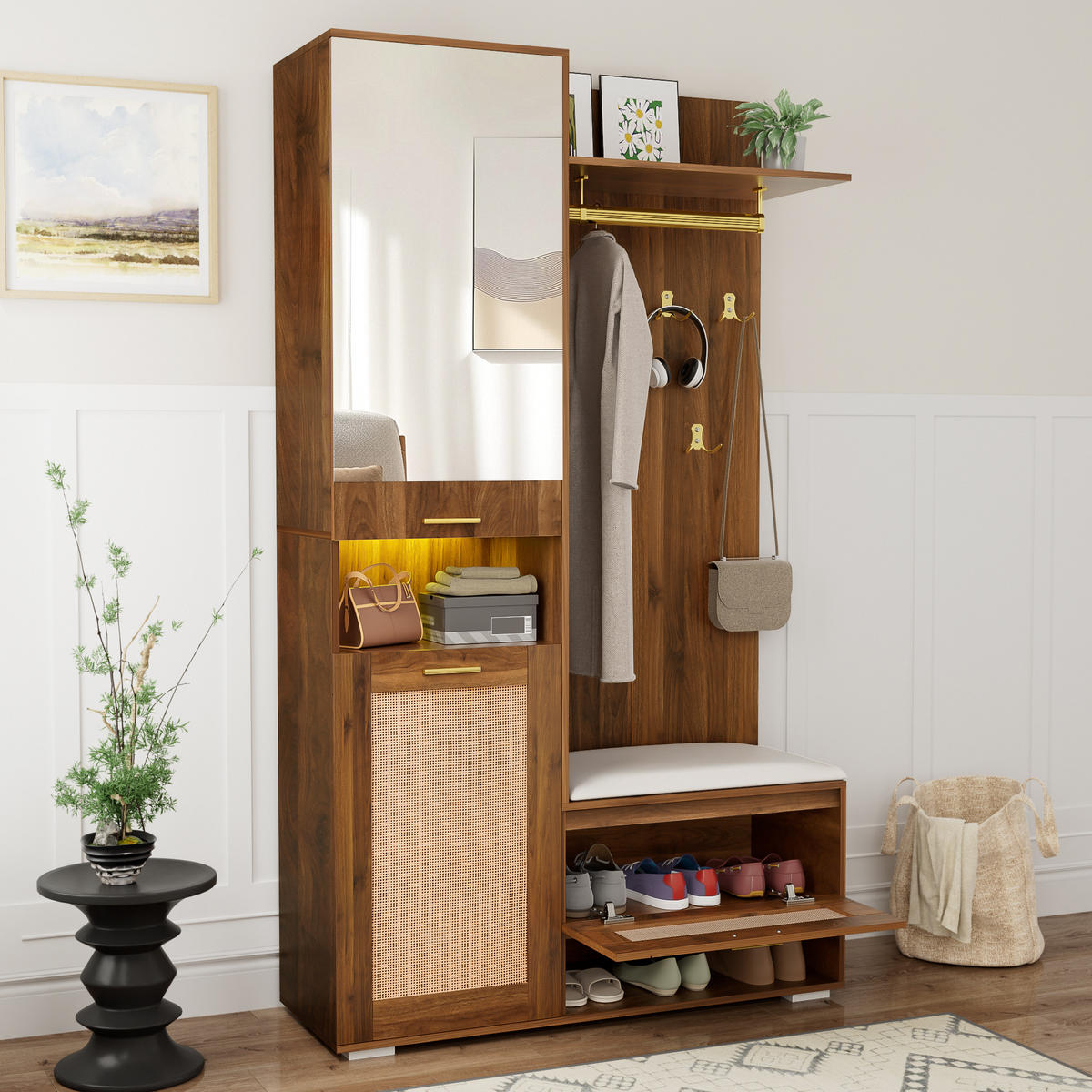 DIELENGARDEROBE 110/38/190 cm mit 6 Haken, Spiegel und Sitzbank - Walnussfarben, Holzwerkstoff (38/190/110cm) - BEAOK