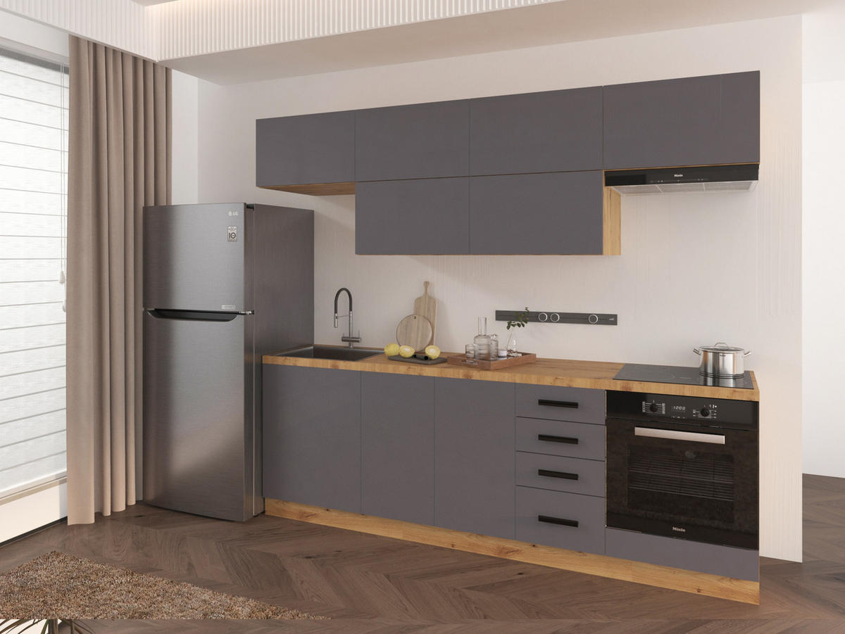 KÜCHENZEILE 240 - Langen KL2-M240 in Grau/Matt - Schwarz/Grau, Holz/Metall (240/212/58cm)