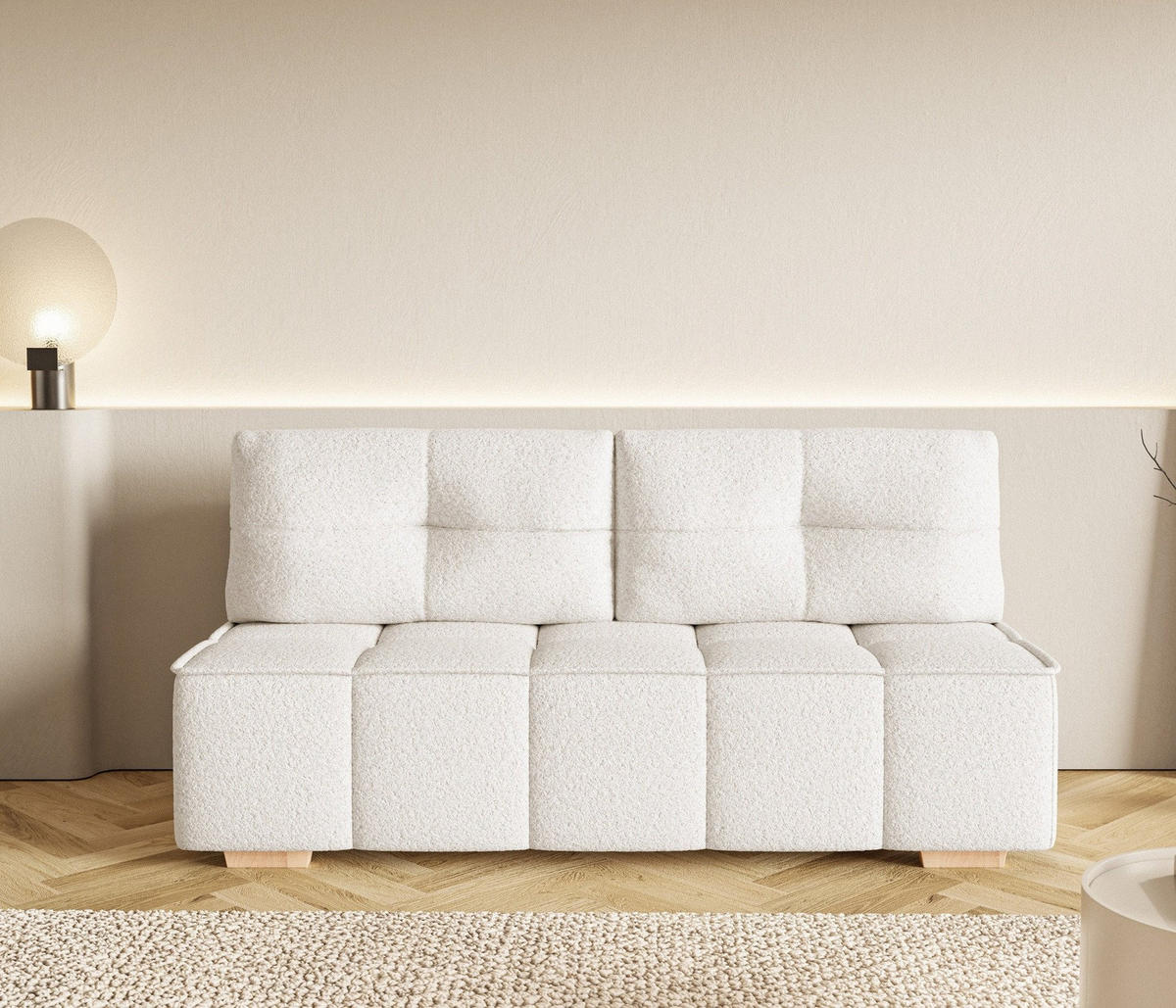 SCHLAFSOFA LORA, Sofa mit Schlaffunktion und Bettkasten, Farbe: Beige, Bouclé-Stoff - Beige, Textil (196/90/85cm) - Sepro Meble