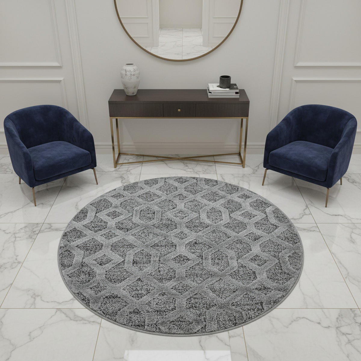 TEPPICH Esszimmer 3D Grafisch Elegant Waschbar Wohnzimmer Rund Grau 160x160 cm – EISACK - Grau, Textil (160/160cm) - KADIMA DESIGN