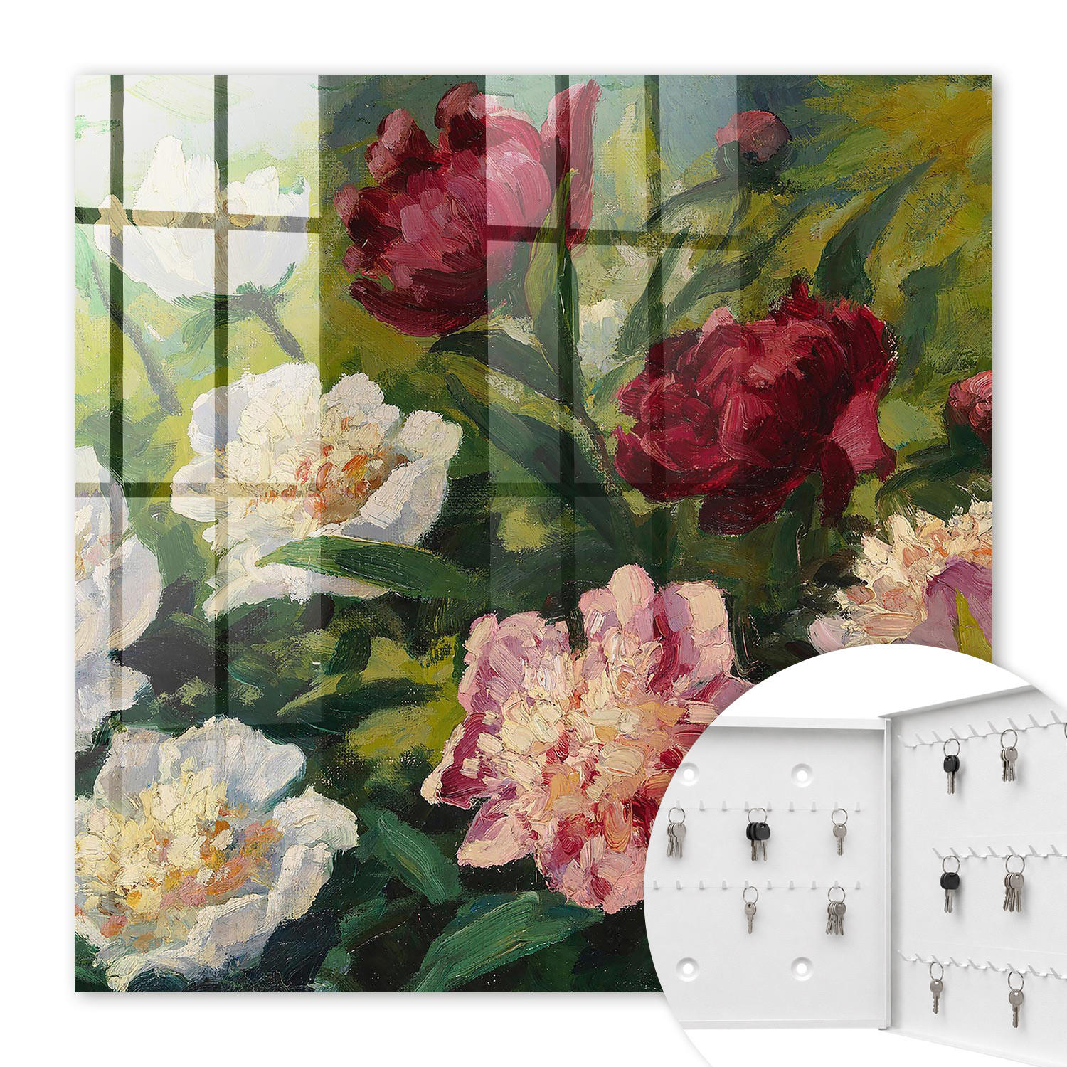 SCHLÜSSELBOX Weiß 30x30 cm – Türöffnung nach rechts - Bunte Blumen - Grün, Metall (30/30/5cm) - TULUP