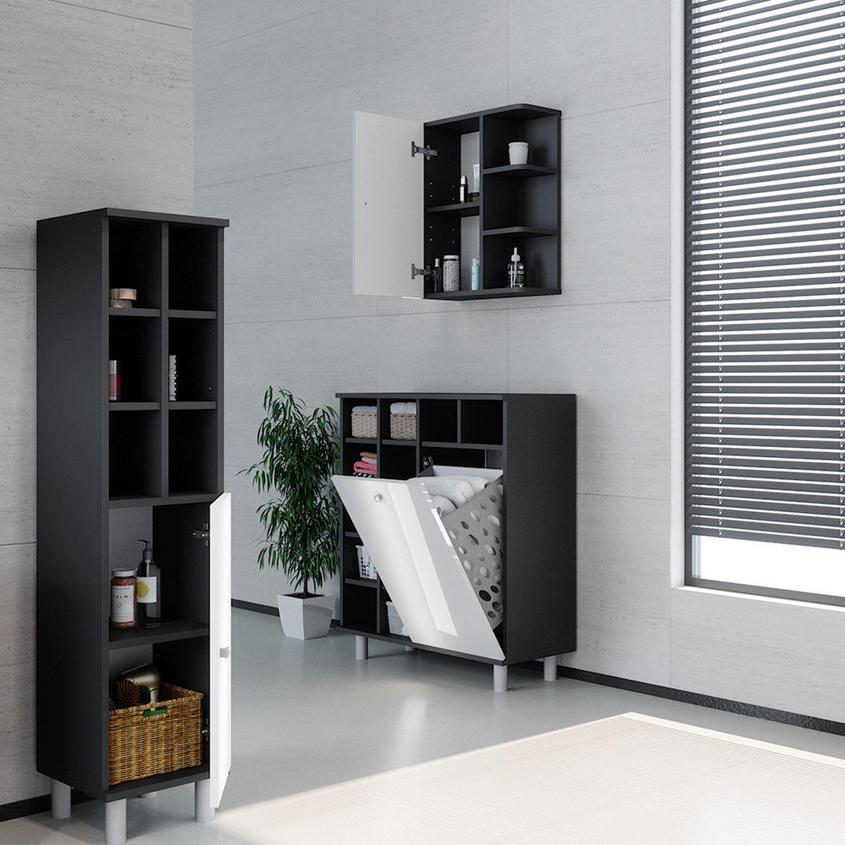 BADSCHRANK Fynn Weiß Hochglanz 47.2 x 59.2 cm - Weiß Hochglanz/Anthrazit, Holzwerkstoff (47.2/59.2/21cm) - Vicco
