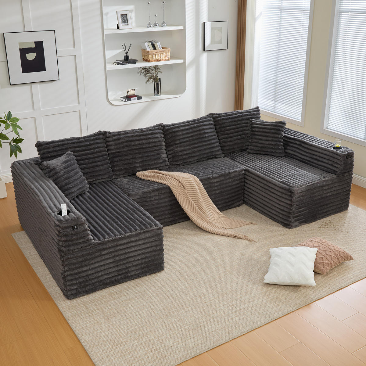 WOHNLANDSCHAFT Dunkelgrau 320/155/88 cm 6-Sitzer mit Getränkehaltern und Seitentaschen - Dunkelgrau, Textil (320/88/155cm) - PANGIVO