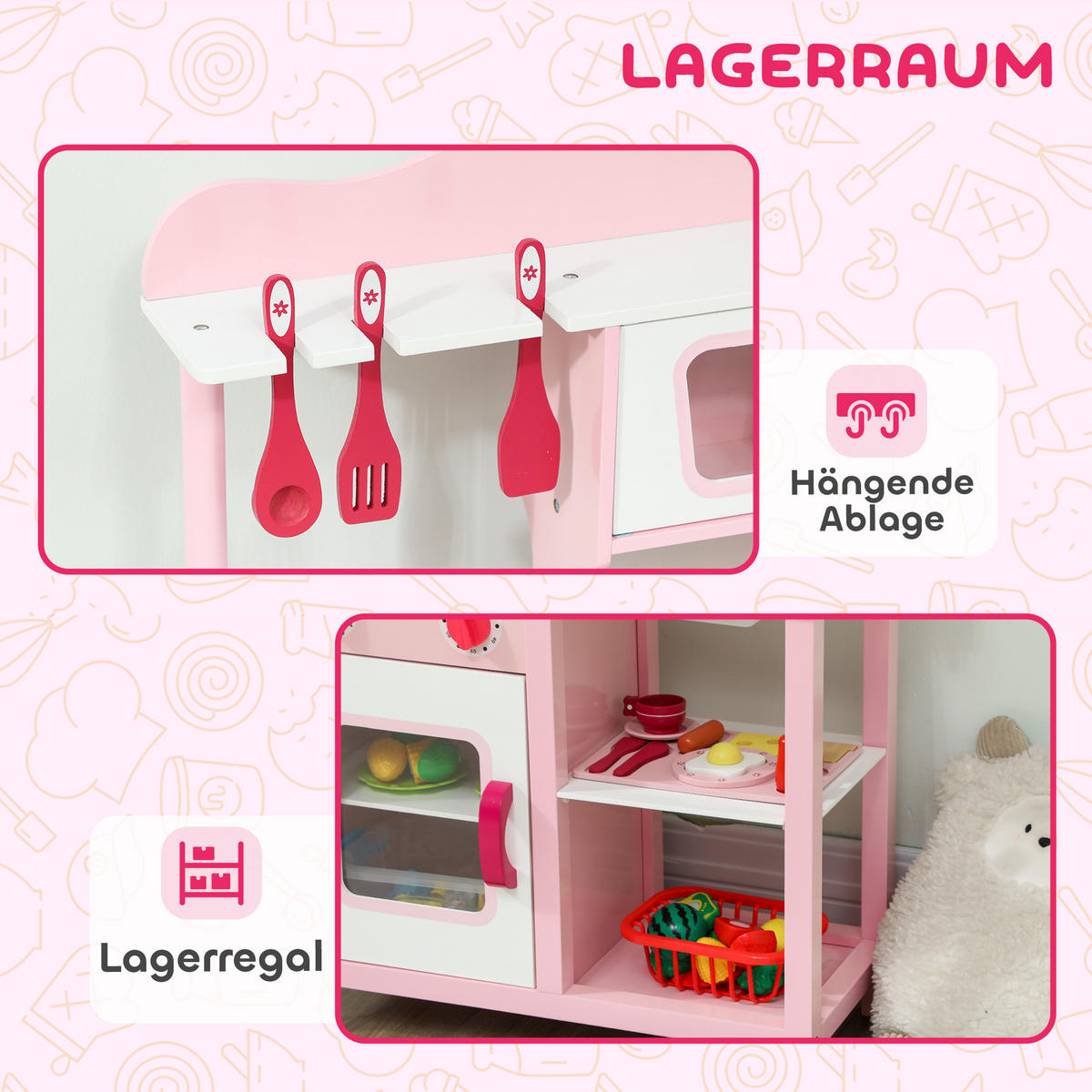 KINDERKÜCHE Spielküche mit Backofen, Herd, Spüle, Soundfunktion, Rosa - Rosa, Holzwerkstoff (24/55cm) - AIYAPLAY