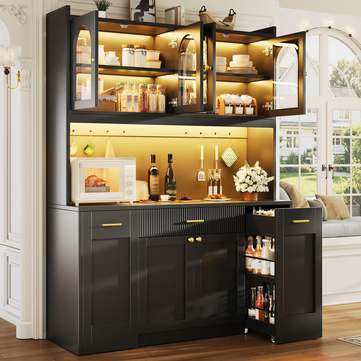 HIGHBOARD Schwarz 120×40×187 cm mit RGB-LED und Glasvitrinen aus Holzwerkstoff - Schwarz, Holzwerkstoff (120/187/40cm) - Luhomfu