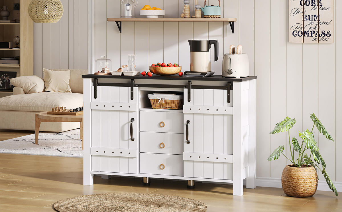 SIDEBOARD im Landhausstil mit 2 Schiebetüren und 3 Schubladen, MDF, 120/40/80 cm, Weiß - Weiß, Holzwerkstoff (120/80/40cm) - Redom