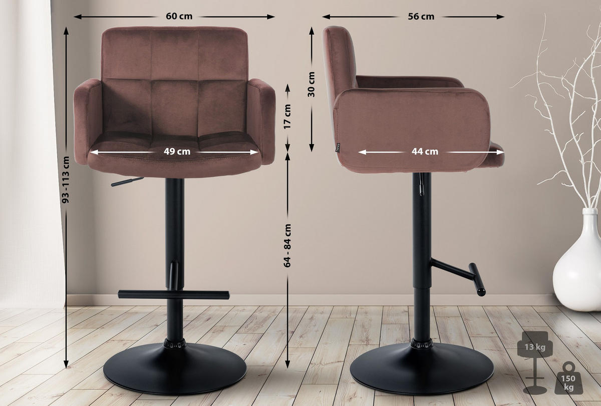 BARHOCKER Samt Braun - Schwarz/Braun, Textil/Metall (60/93/56cm) - CLP