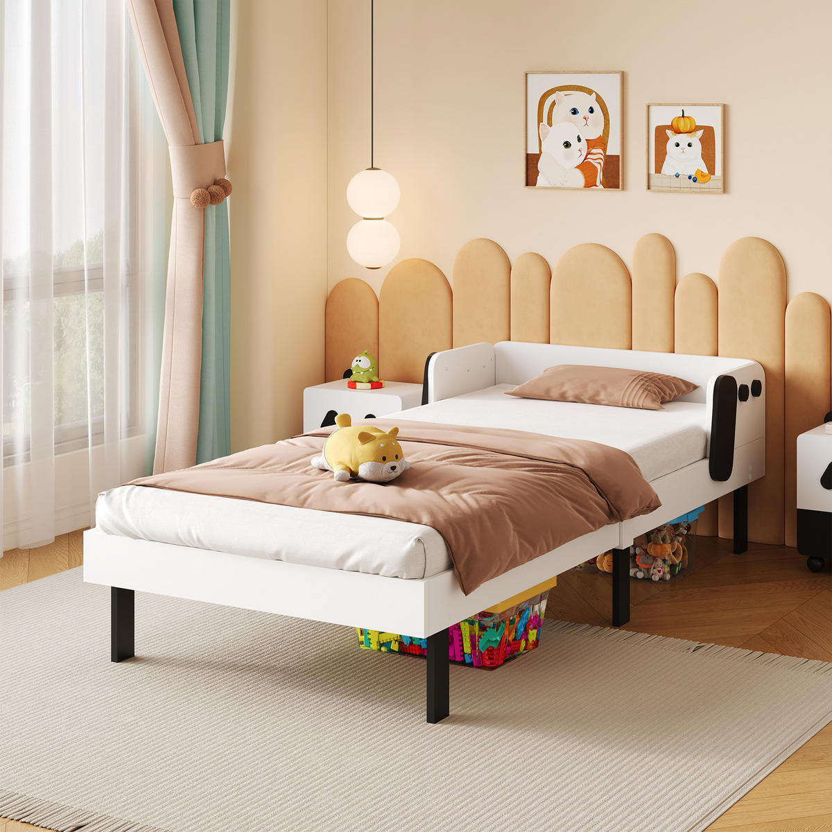 KINDERBETT 90×200 cm Hundemotiv – Weiß, Modernes Kinderbett mit Kopfteil & Seitenschutz - Weiß, Holz