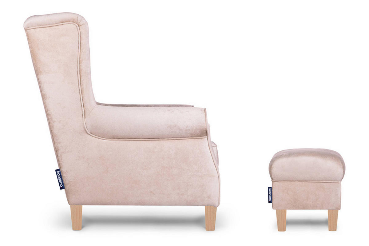 OHRENSESSEL-SET MILES inkl. Sitzhocker, Beige - Eichefarben/Beige, Holzwerkstoff/Buchenholz (82/105/97cm) - KONSIMO®