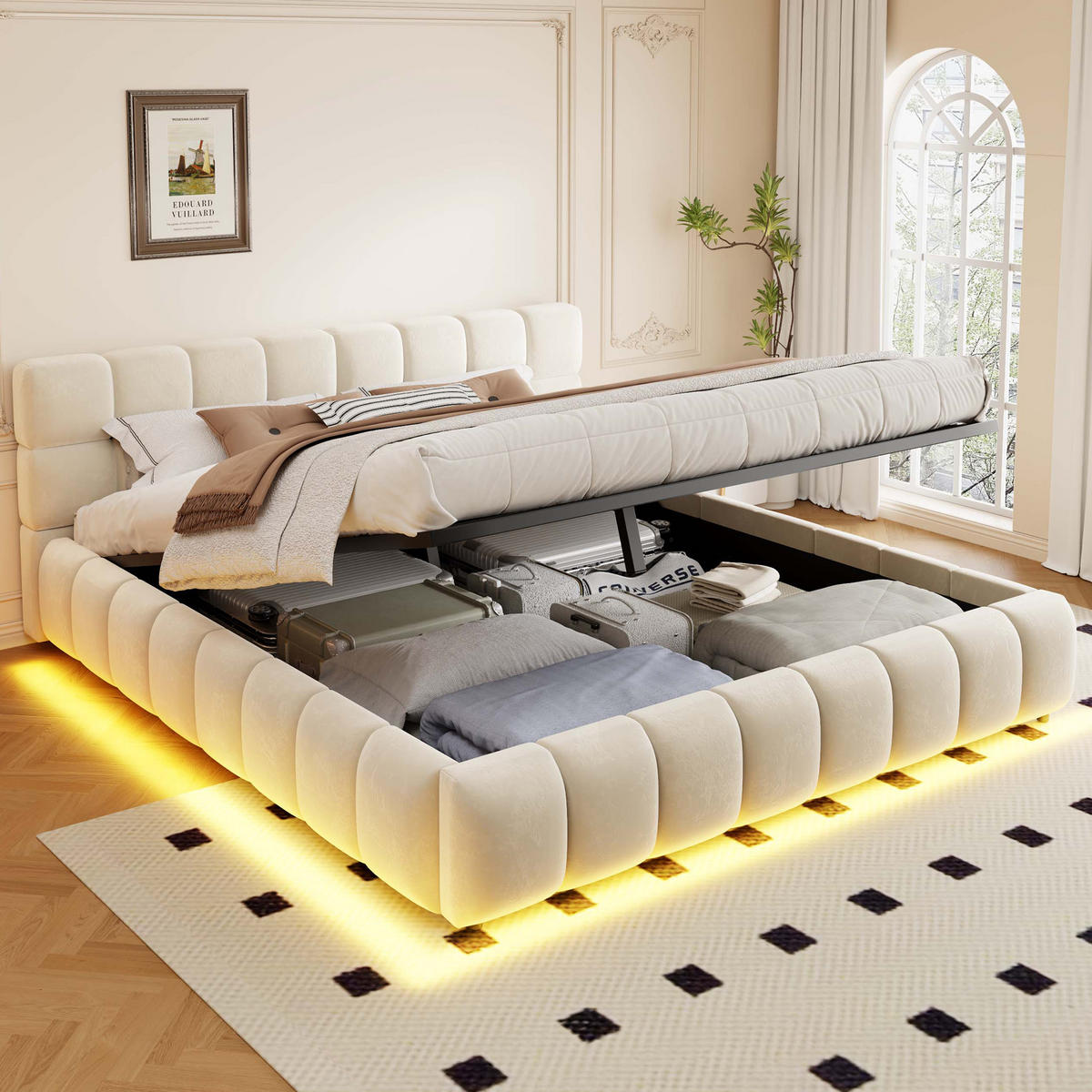 POLSTERBETT 160 x 200 cm mit LED und Stauraum, Beige - Beige, Textil (160/200cm) - FLIEKS