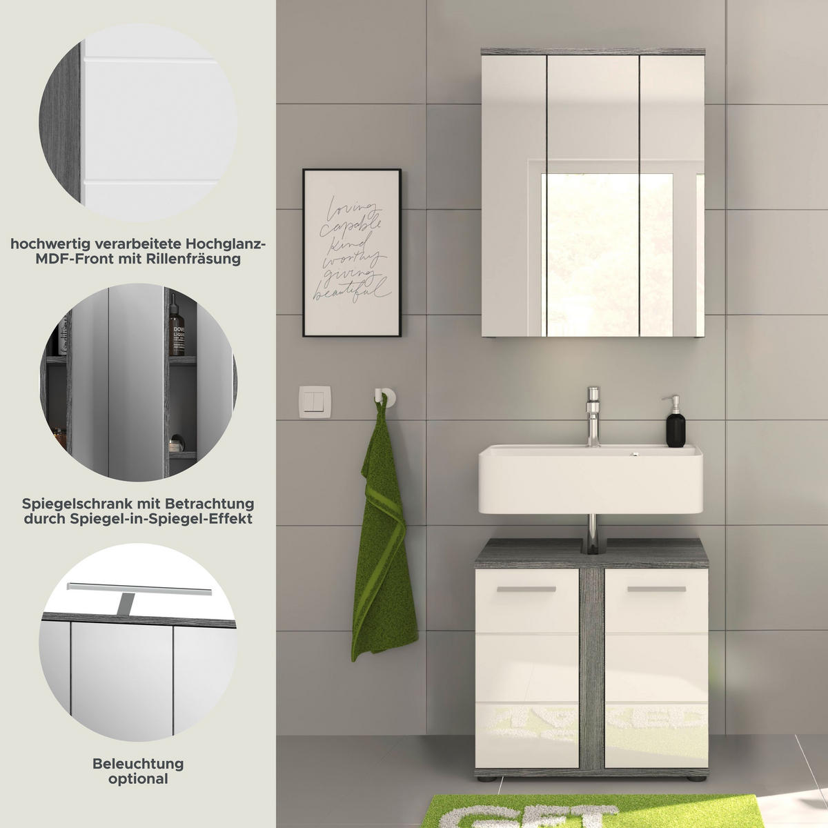 BADKOMBINATION 2tlg. Blake Bad in Rauchsilber Nachbildung und weiß hochglanz B/H/T: 60x191x34 cm - Anthrazit, Holz (64/191/34cm)