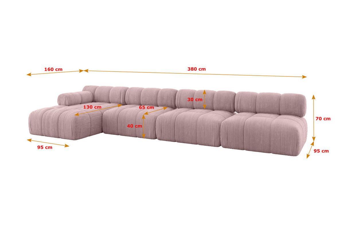 ECKSOFA modulares Sofa Razon-L3 - 380x160x70 cm Rosa Cord - Rosa, Holzwerkstoff/Textil (380/160cm) - ALTDECOR