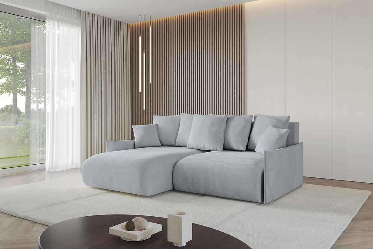 ECKSOFA mit Schlaffunktion und Bettkasten ONESK-L -v1 208x165x40 Hellgrau Velours - Hellgrau, Holzwerkstoff/Kunststoff (208/165cm) - ALTDECOR