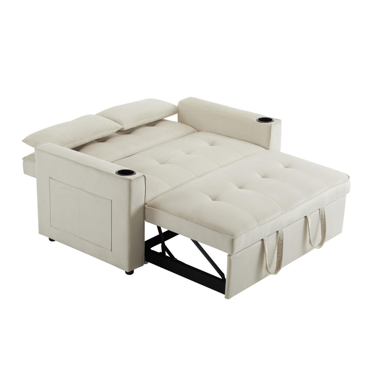 SCHLAFSOFA aus Samt 137x76,5x83 cm Beige mit Schlaffunktion, Getränkehaltern und 3-fach verstellbarer Rückenlehne - Beige, Textil (76.5/83/137cm) - Modfu