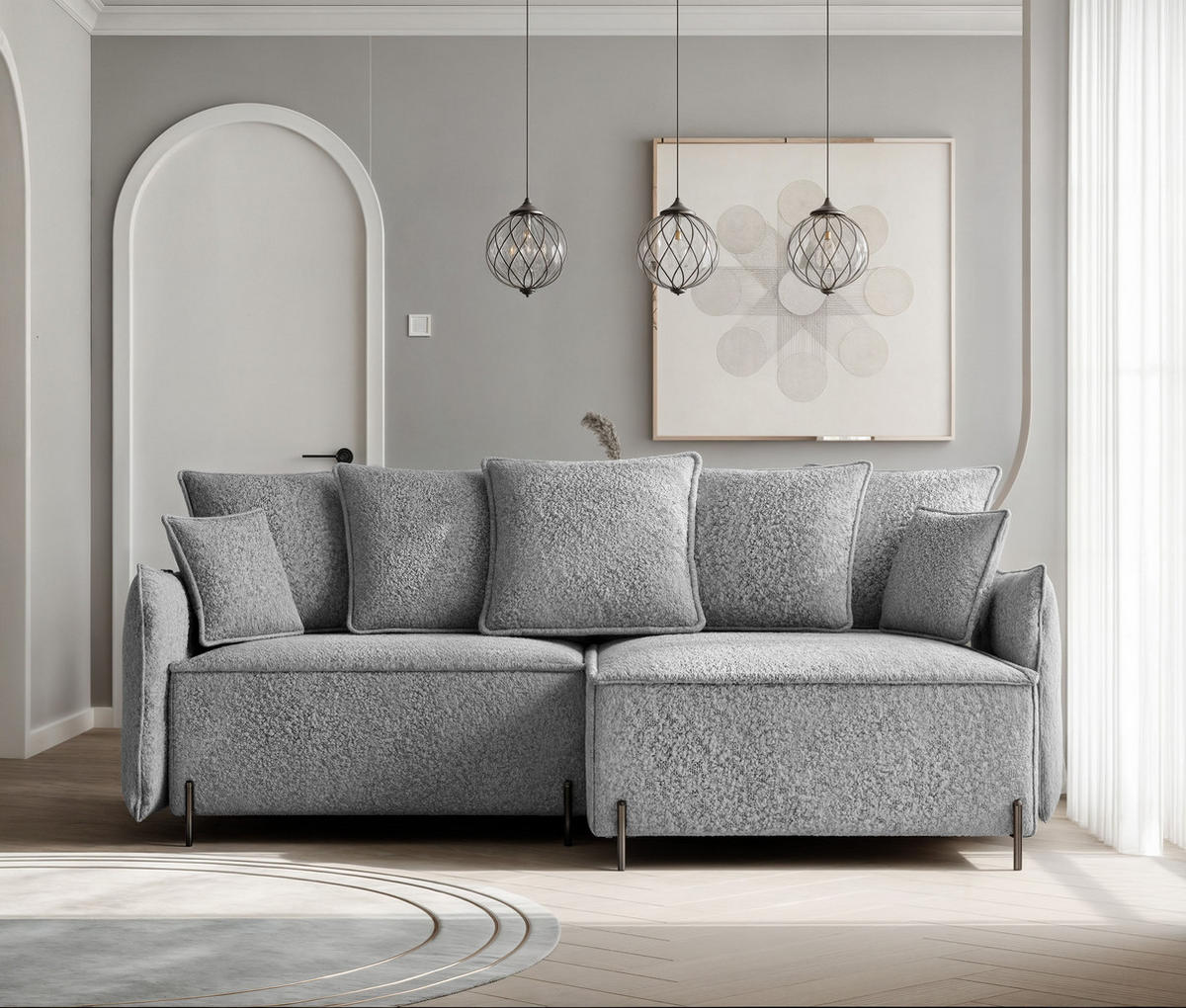 ECKSOFA MARCO Rechts, mit Schlaffunktion und Bettkasten, Hellgrau - Hellgrau, Textil/Metall (221/148cm) - Idohome